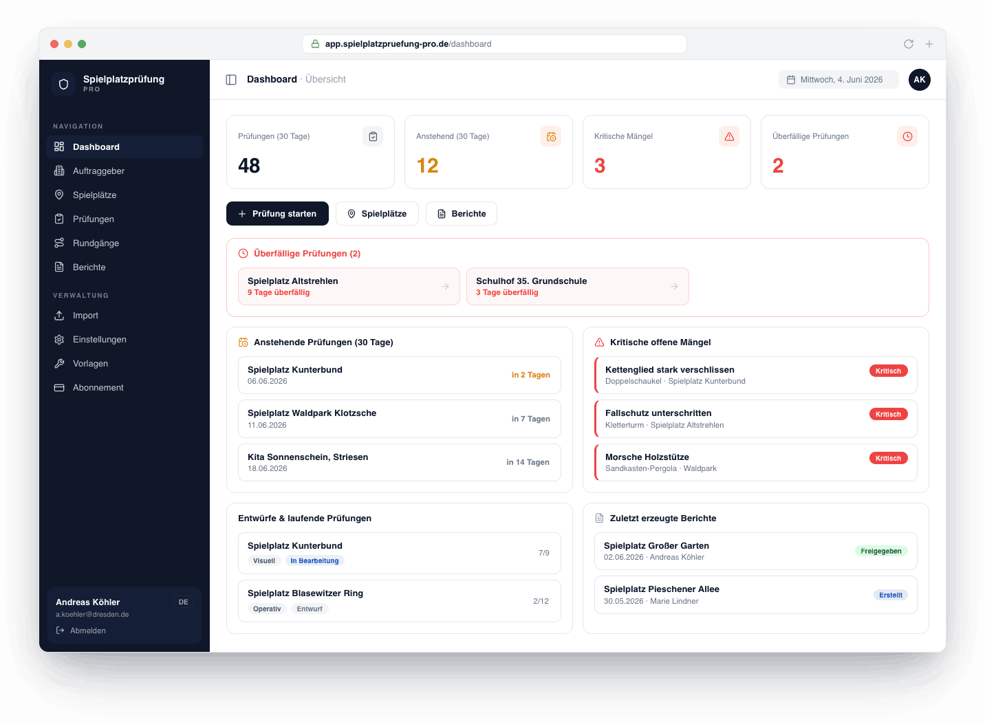 Dashboard von Spielplatzprüfung PRO mit Übersicht offener und überfälliger Prüfungen