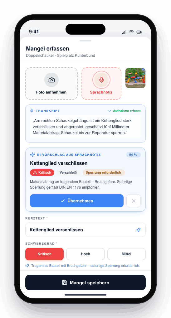 Screenshot Prüfmaske: Mangel erfassen mit Foto, Sprachnotiz und KI-Vorschlag
