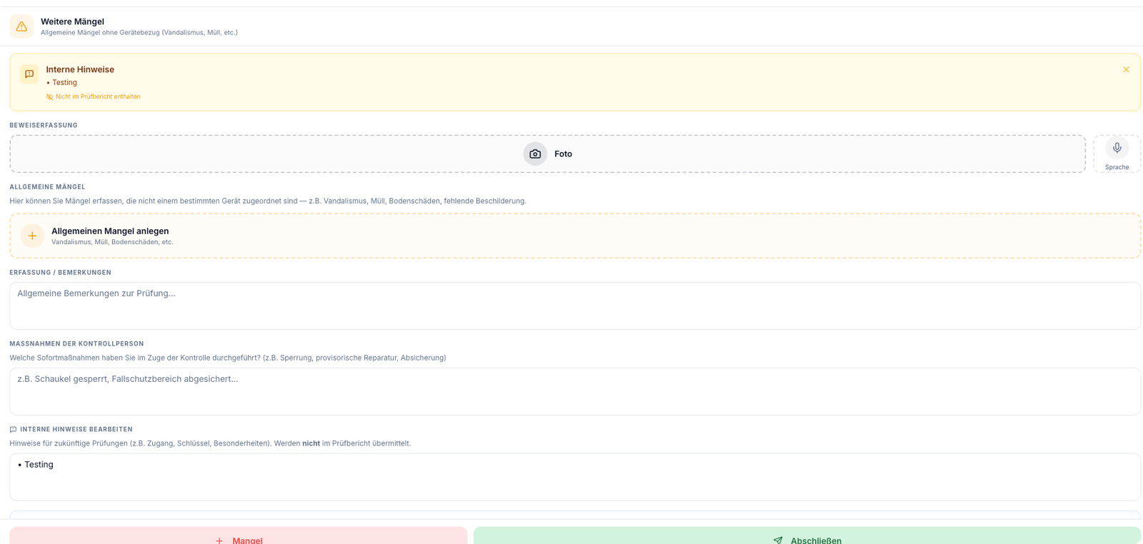 Mobile Prüfungsansicht mit Foto-Erfassung, Sprachnotiz und Mängel-Anlage